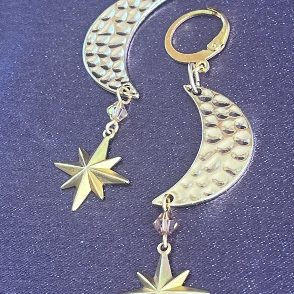 Gold Crescent Moon and Star Celestial Dangle Earrings with Swarovski Crystals - Picture 4 of 4